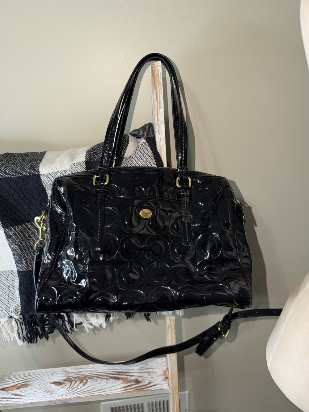 Coach Black Patent Signature Dome Satchel with Gold Hardware